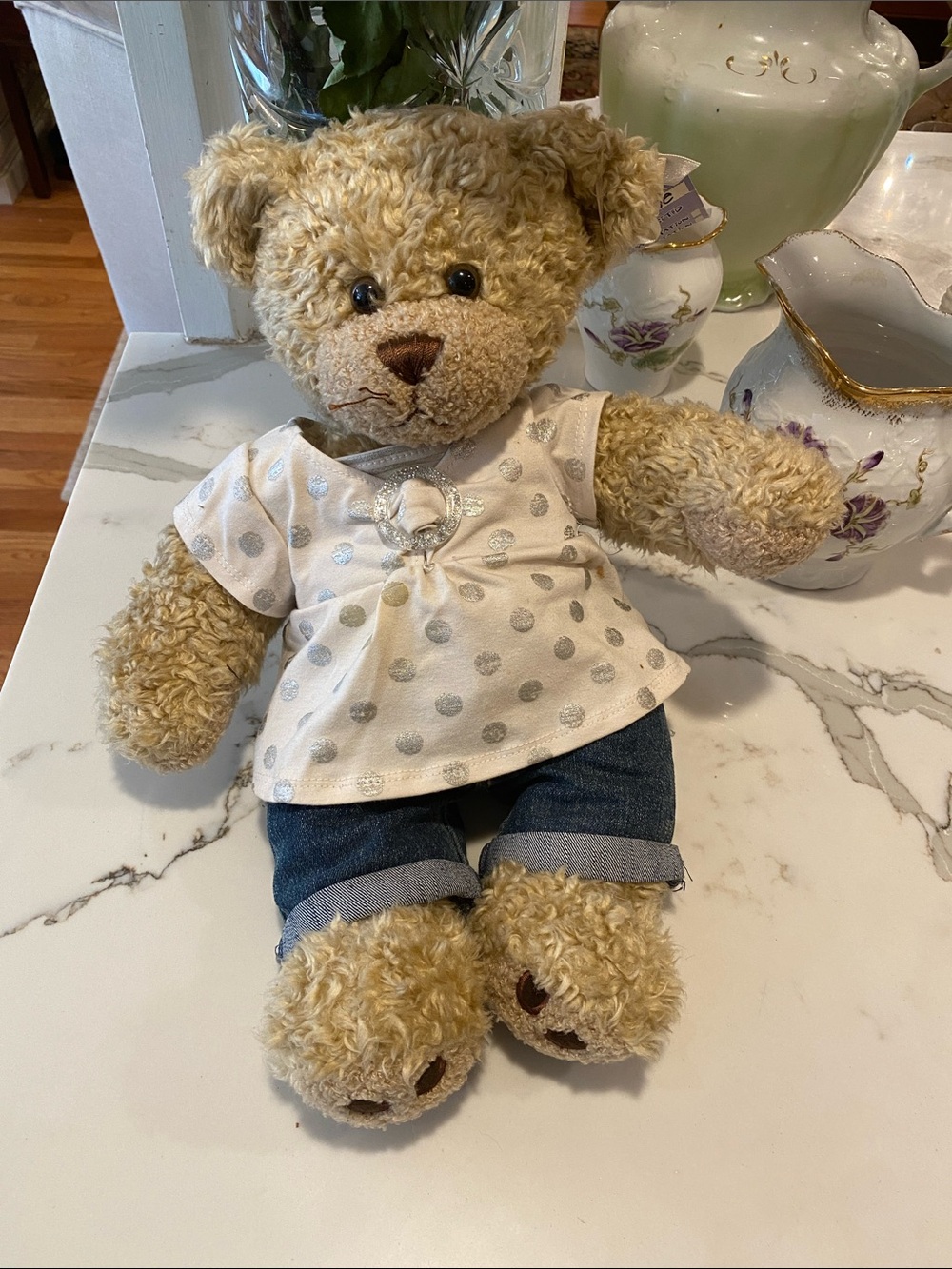 Build-A-Bear Light Brown Teddy in Cream Polka-Dot Top and Blue Jeans